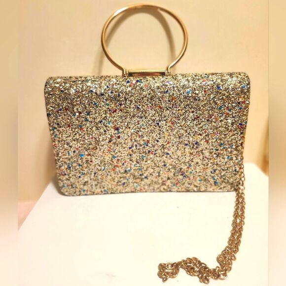Brand New Gold Glitter Covered Box Clutch w/Gold Metal Chain Strap Cocktail - Picture 1 of 7